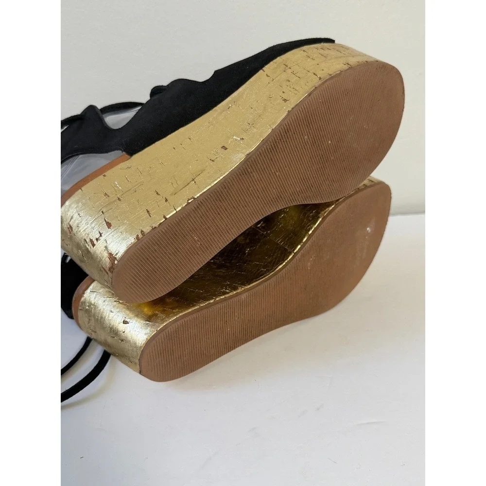 CHLOE See By Chloe Liana Wedge Sandal 6 Black Suede/Gold Cork Platform Gladiator